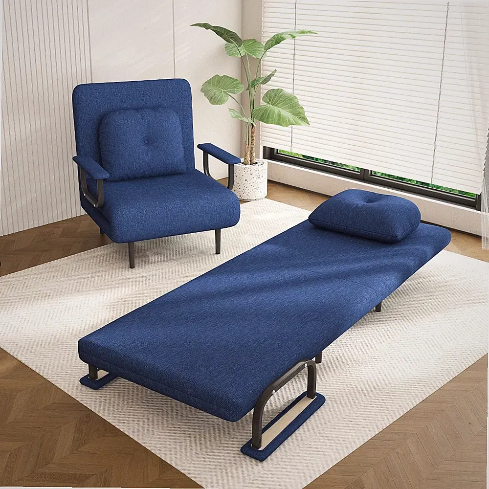 3-in-1 Blue Folding Sofa Bed, Adjustable Reclining Convertible Chair with Pillow