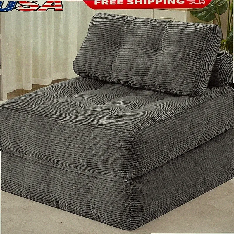 3-in-1 Convertible Corduroy Futon Sofa Bed W/ Dual-Pillow Support Small Spaces