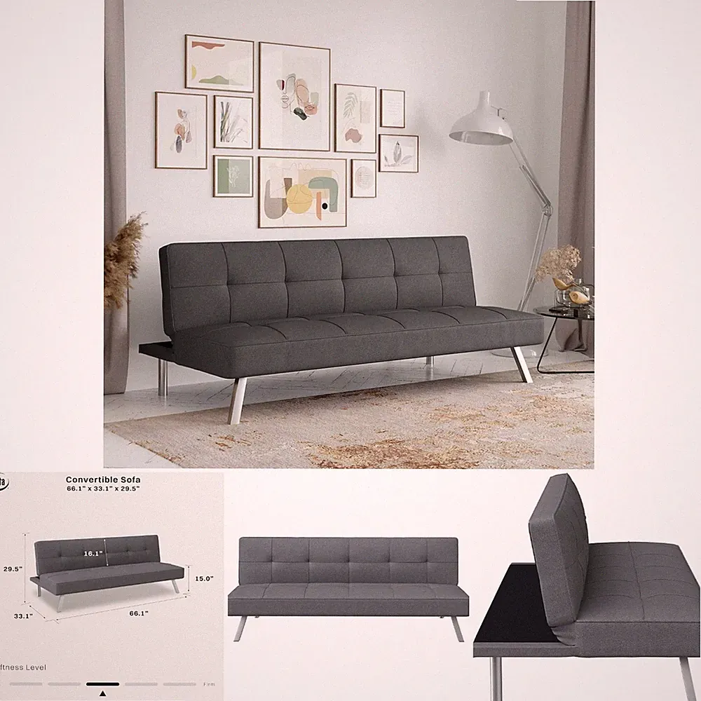 3-in-1 Convertible Couch Bed Twin Size Tufted Back Charcoal Fabric Sofa Sleeper