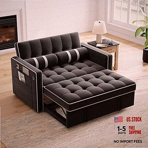 3-in-1 Convertible Futon Sleeper Sofa Bed, 52 Inch without Side Table Black