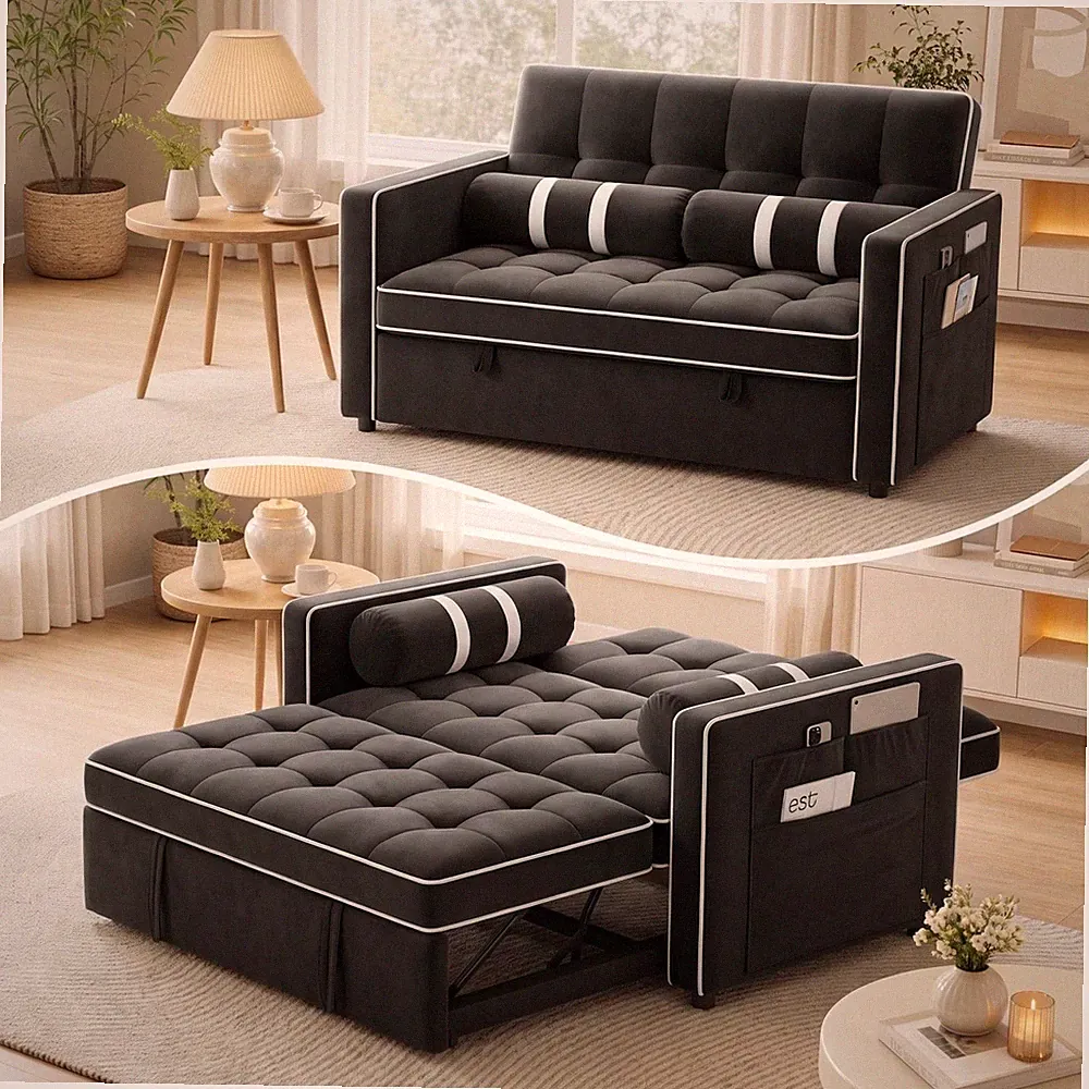 3-in-1 Convertible Futon Sleeper Sofa Bed, Pull Out Couch with Adjustable Bac...