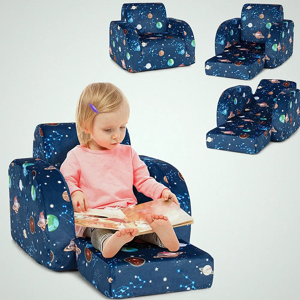 3-in-1 Convertible Kid Sofa Bed Flip-Out Chair Lounger for Toddler Blue