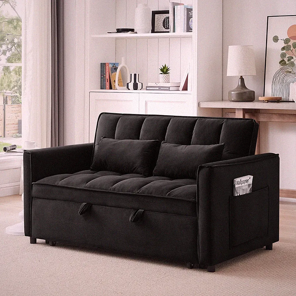 3 in 1 Convertible Sleeper Sofa Bed 55" Velvet Pull Out Futon Couch with Pillows