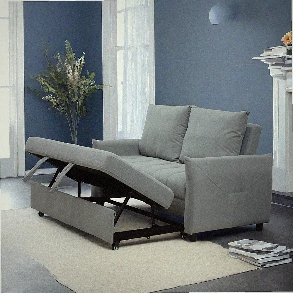 3 in 1 Convertible Sleeper Sofa Bed Light Blue Linen Fabric Futon with 2 Pillows