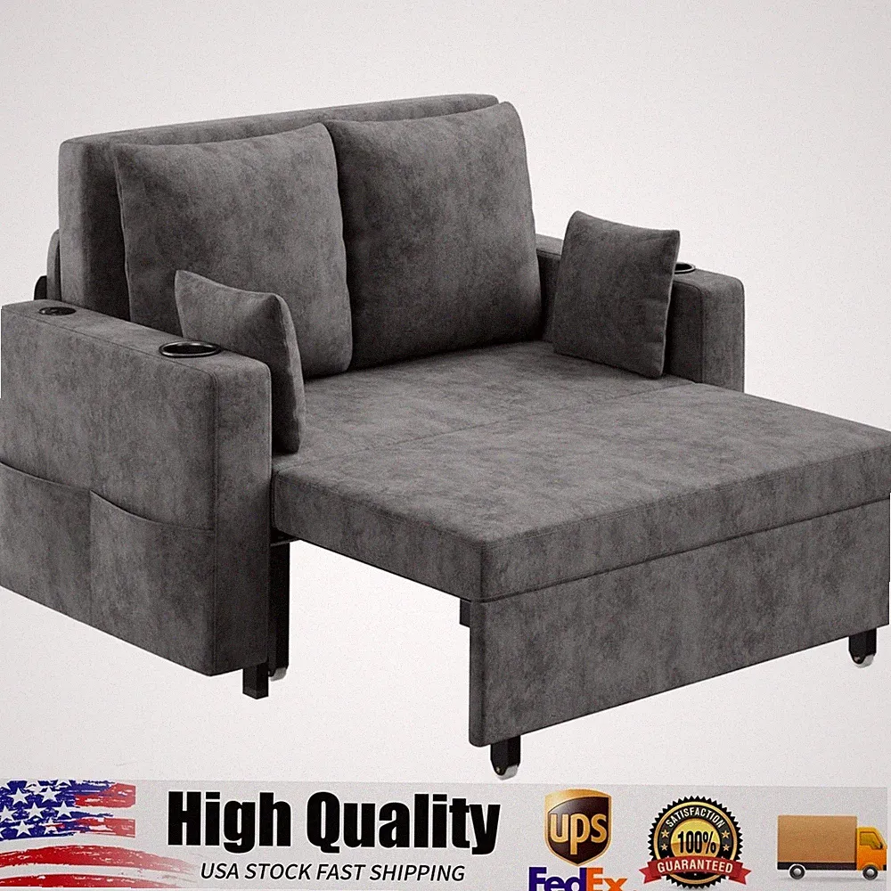 3-in-1 Convertible Sleeper Sofa Bed, Pull-Out Loveseat with Cup Holder, USB Port
