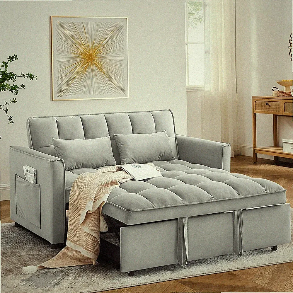 3 in 1 Convertible Sleeper Sofa Bed, Velvet Pull Out Futon Couch Gray