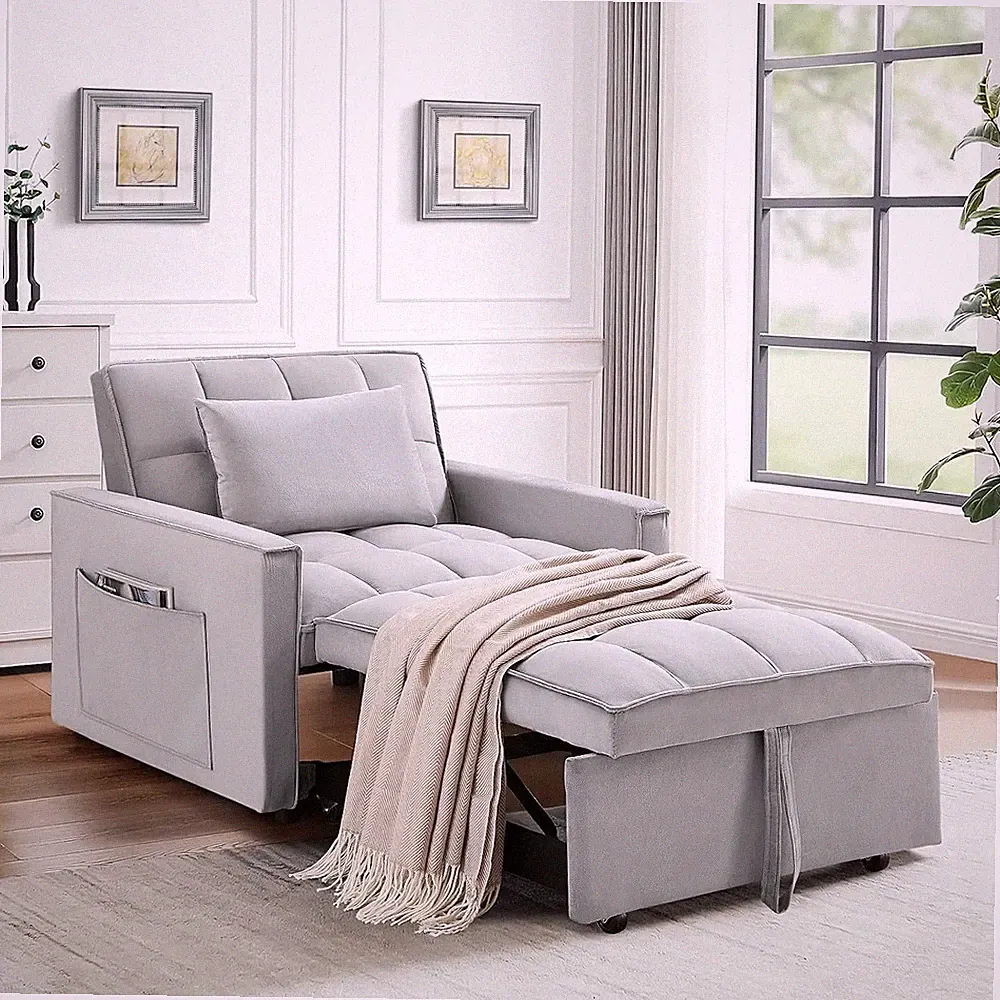 3 in 1 Convertible Sleeper Sofa Bed Velvet Tufted Upholstered Single Recliner