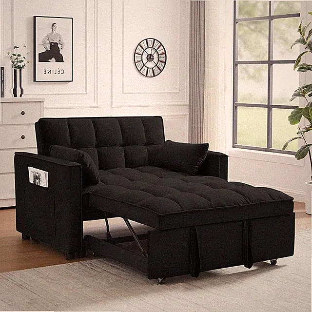 3-in-1 Convertible Sleeper Sofa Bed with Adjustable Backrest & Pillows - Black