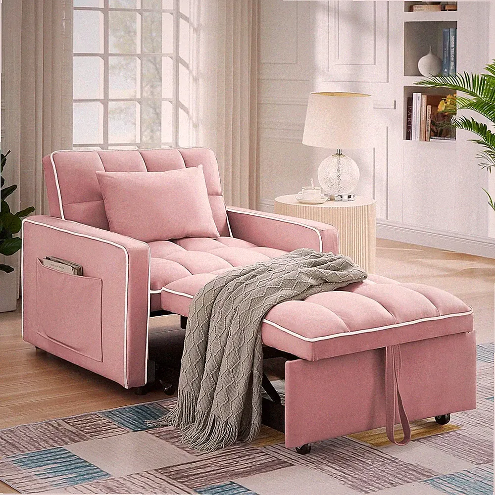 3 in 1 Convertible Sleeper Sofa Chair Bed Velvet Pull Out Sofa Bed Small Spaces