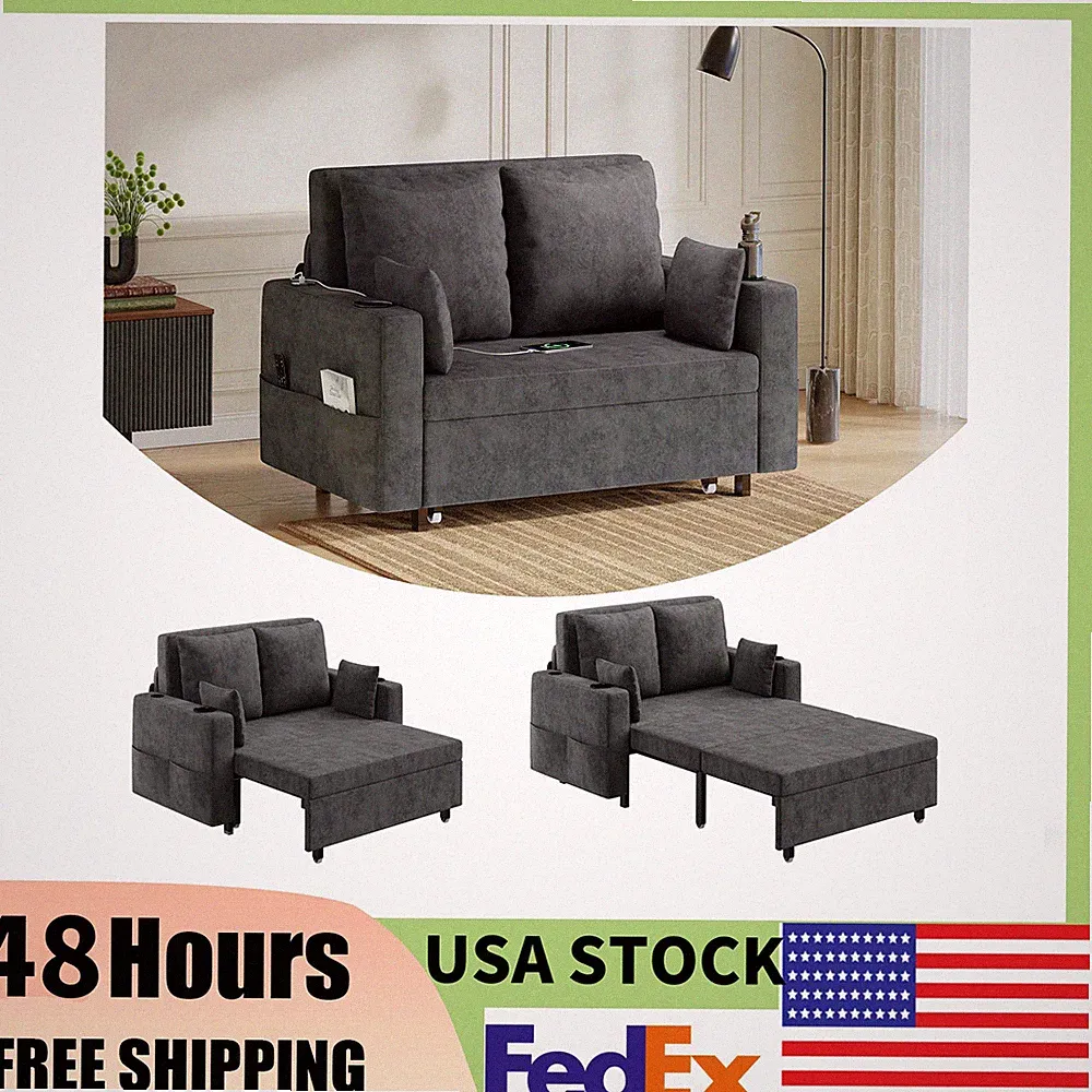 3 in 1 Convertible Sleeper Sofa Pull Out Bed Loveseat Couch W/USB/Type-C Chargin