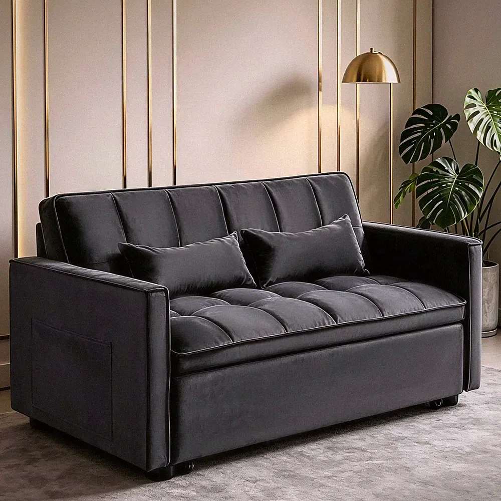 3-IN-1 Convertible Sofa Bed 2-Seater Sofa Bed 53.5-Inch Velvet Fabric Black
