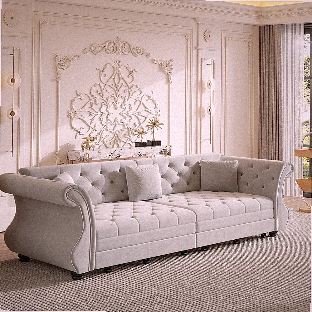 3-in-1 Convertible Sofa Bed 97.6" Oversized Chesterfield Velvet Pull-Out Couch