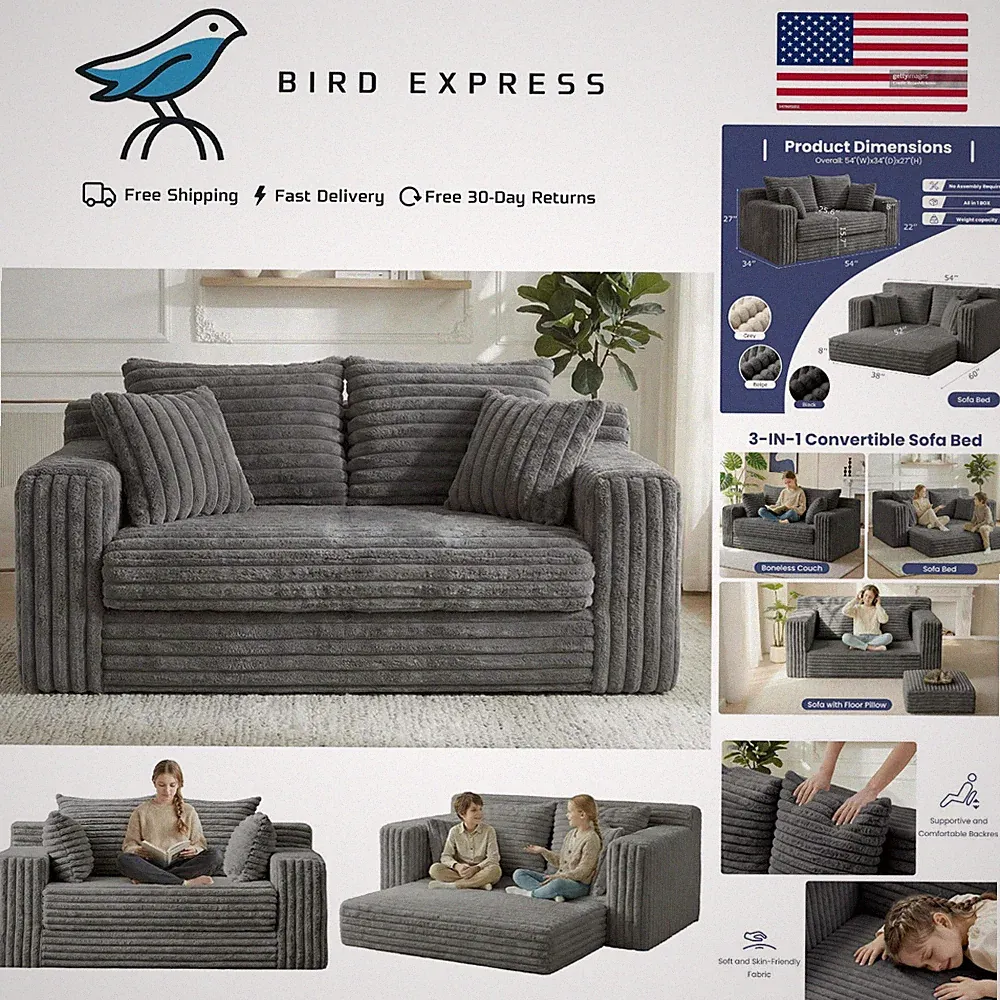 3-in-1 Convertible Sofa Bed Boneless Couch Grey w Removable Cushions & Pillows
