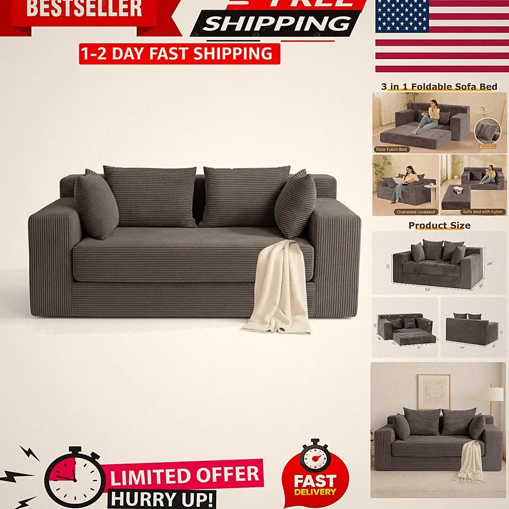 3 in 1 Convertible Sofa Bed,Modern Pull Out Couch Slepper Bed with Adjustable Ba