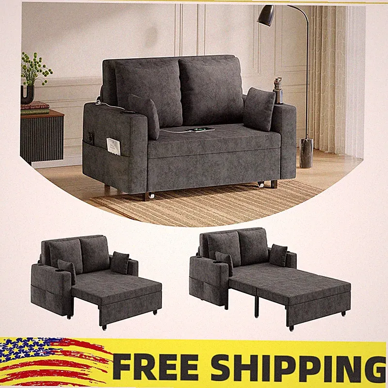 3-in-1 Convertible Sofa Bed,Pull Out Bed Futon Sleeper Sofa W/USB Charging Grey