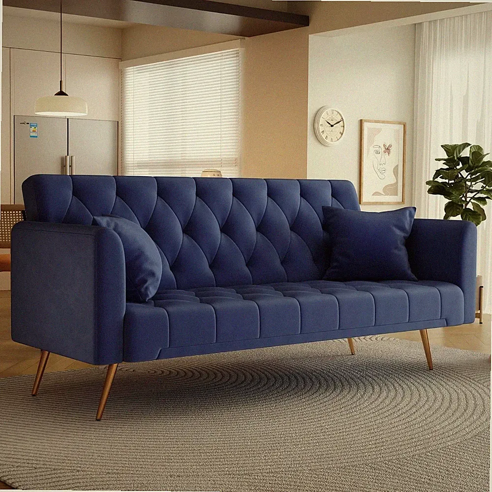 3-In 1 Convertible Sofa Bed Velvet Upholstered With Pillows Blue Home Office