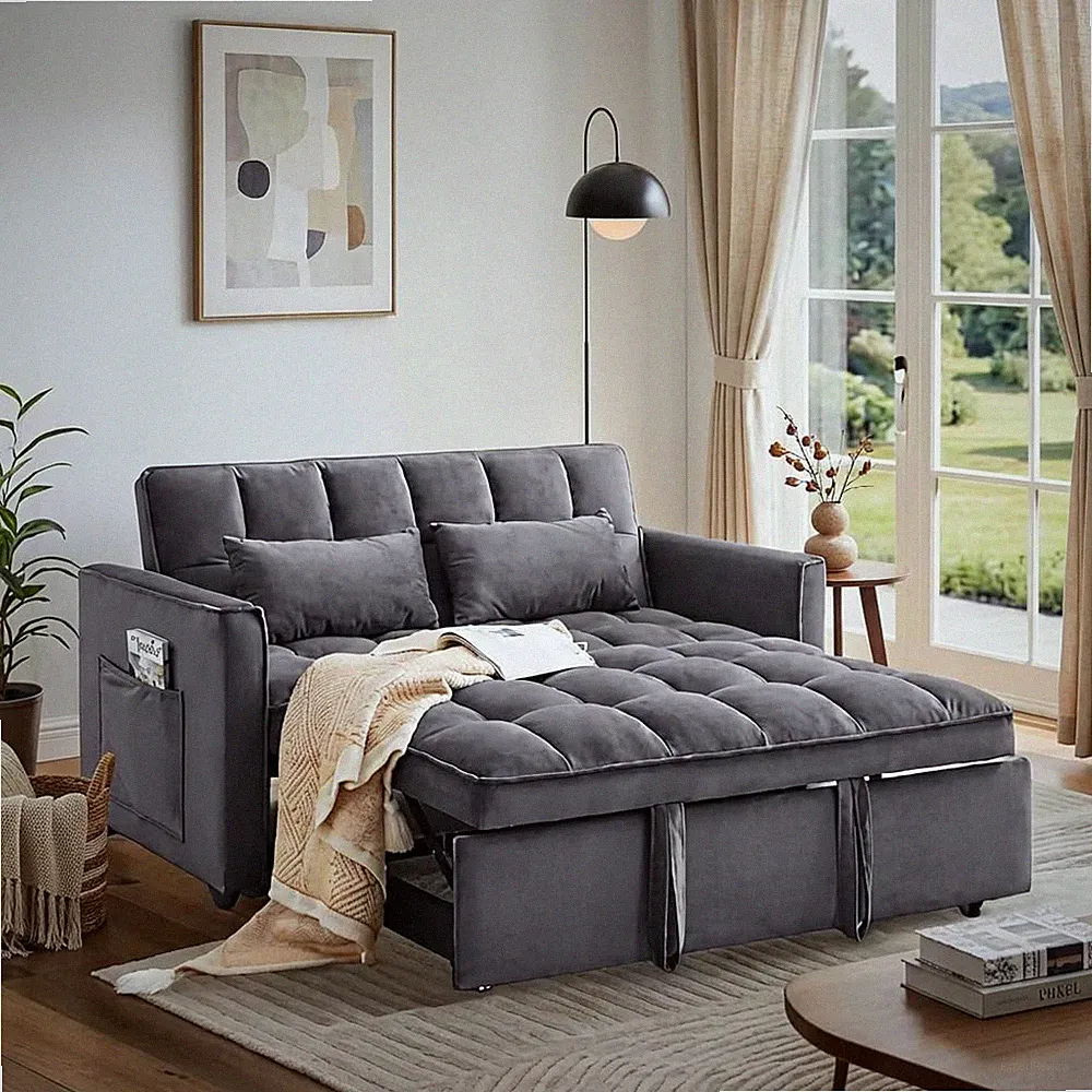 3-in-1 Convertible Velvet Sofa Bed with Adjustable Backrest and Side Pockets
