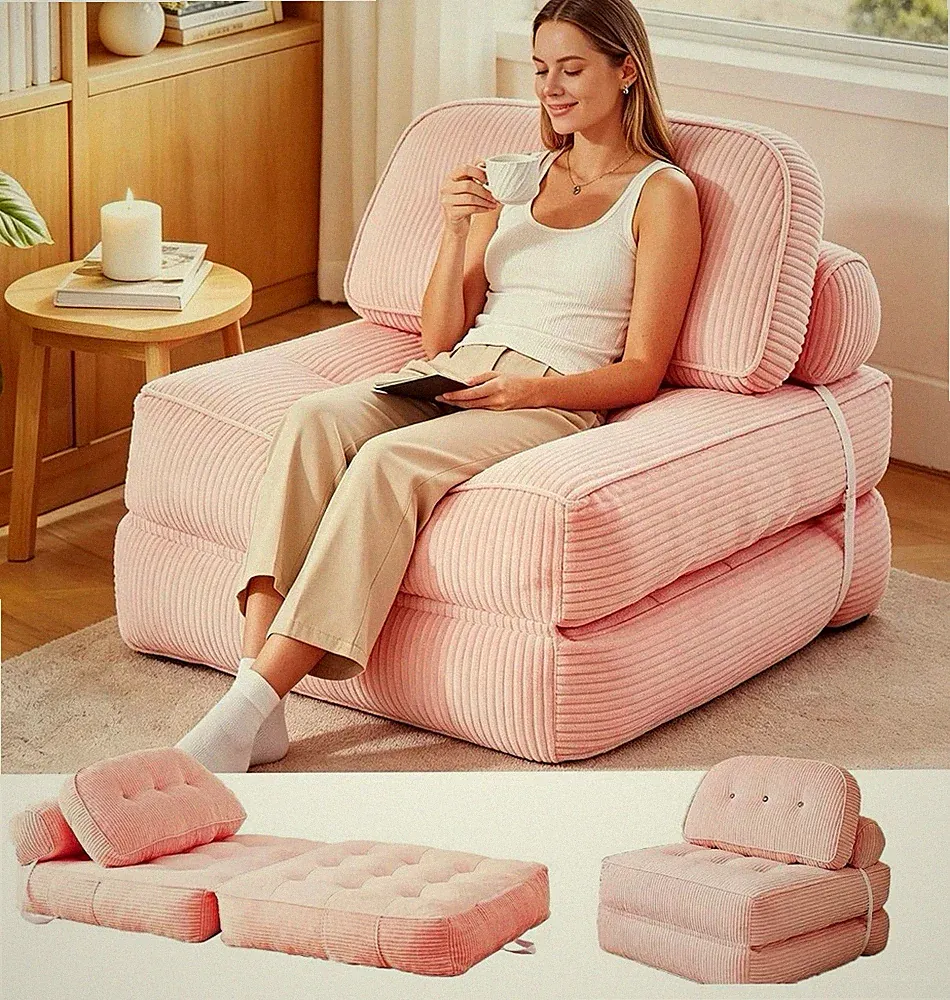 3-in-1 Foldable Beanbag Sofa Bed, Pink Corduroy/Flannel, 32 lb, 1 Seat