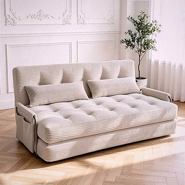 3-in-1 Folding Sofa Bed Chair w/ Pillow/Side Pocket Boneless Couch Beige Double