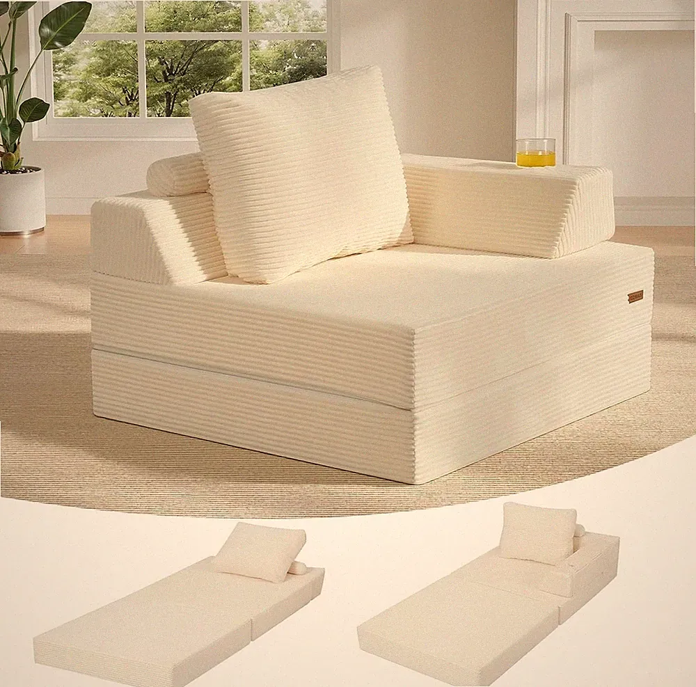 3-in-1 Folding Sofa Bed: Corduroy Convertible Couch with Cup Holder, Beige -...