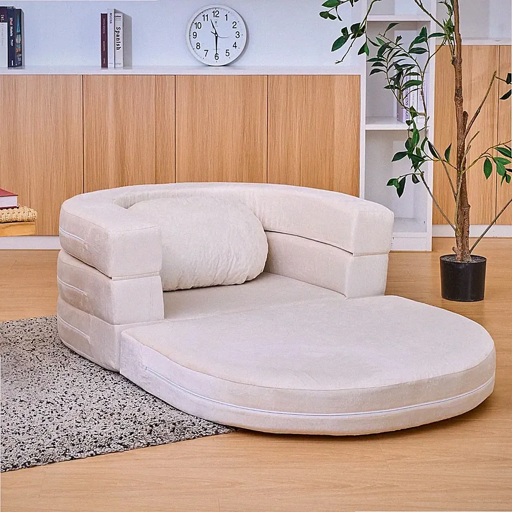 3-in-1 Folding Sofa Bed Pillow Memory Foam Bean Bag Chair Convertible Couch Beig