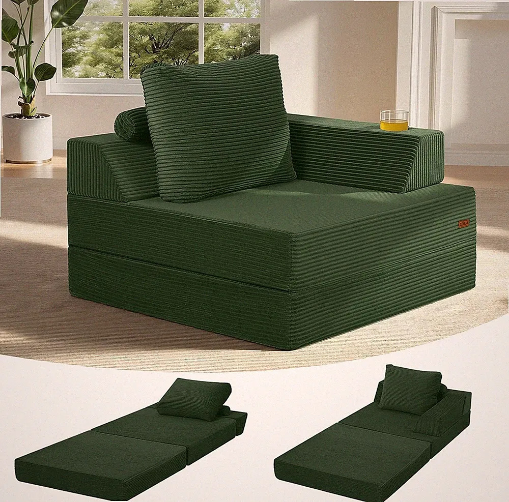 3-in-1 Folding Sofa Bed, Portable Corduroy Futon Chair for Small Spaces