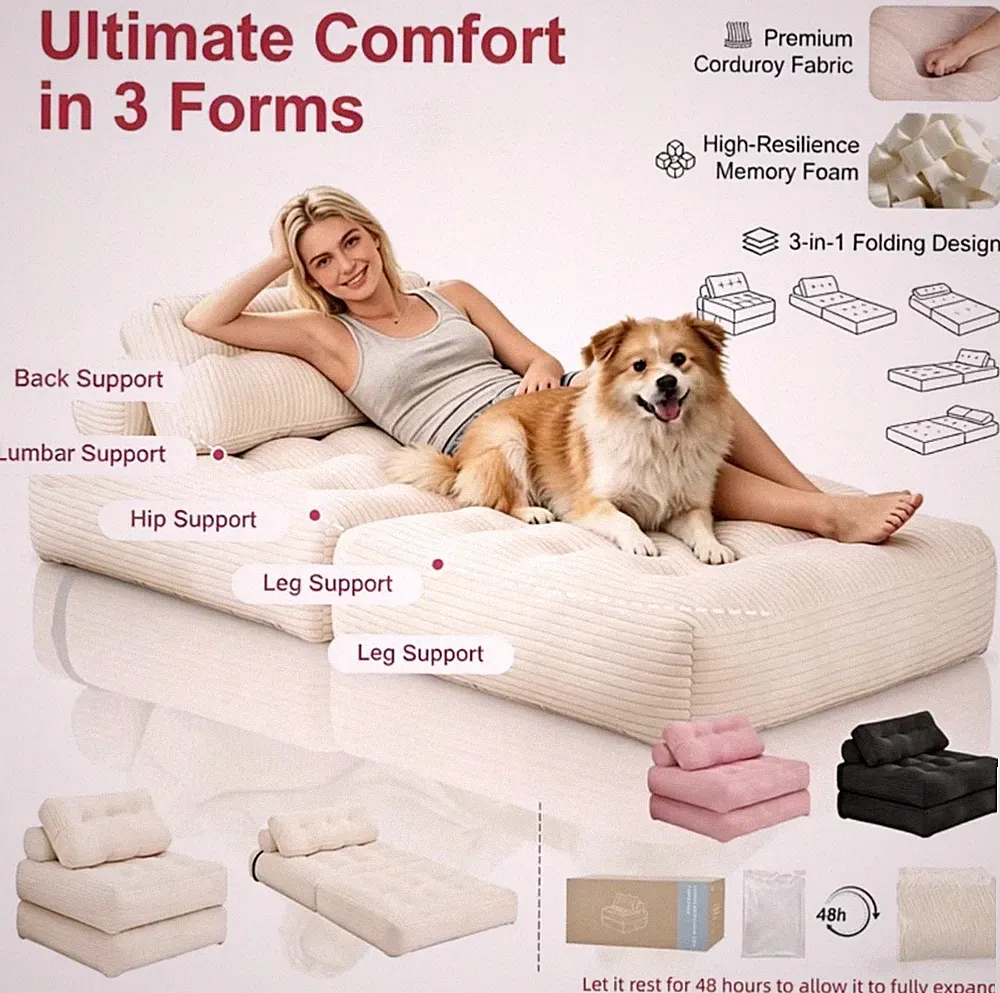 3-in-1 Folding Sofa Bed with Memory Foam - Corduroy Convertible Lounge, 3 Modes