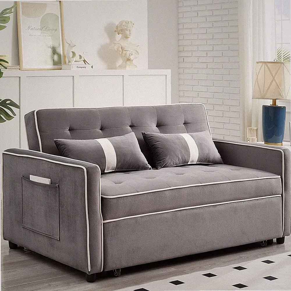 3-in-1 Grey Sofa Bed with Adjustable Backrest & Storage Pockets