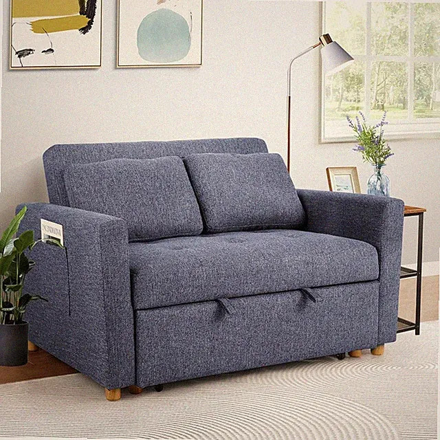 3-in-1 Linen Fabric Loveseat with 2 Pillows and Adjustable Backrest,Chaise Sofa
