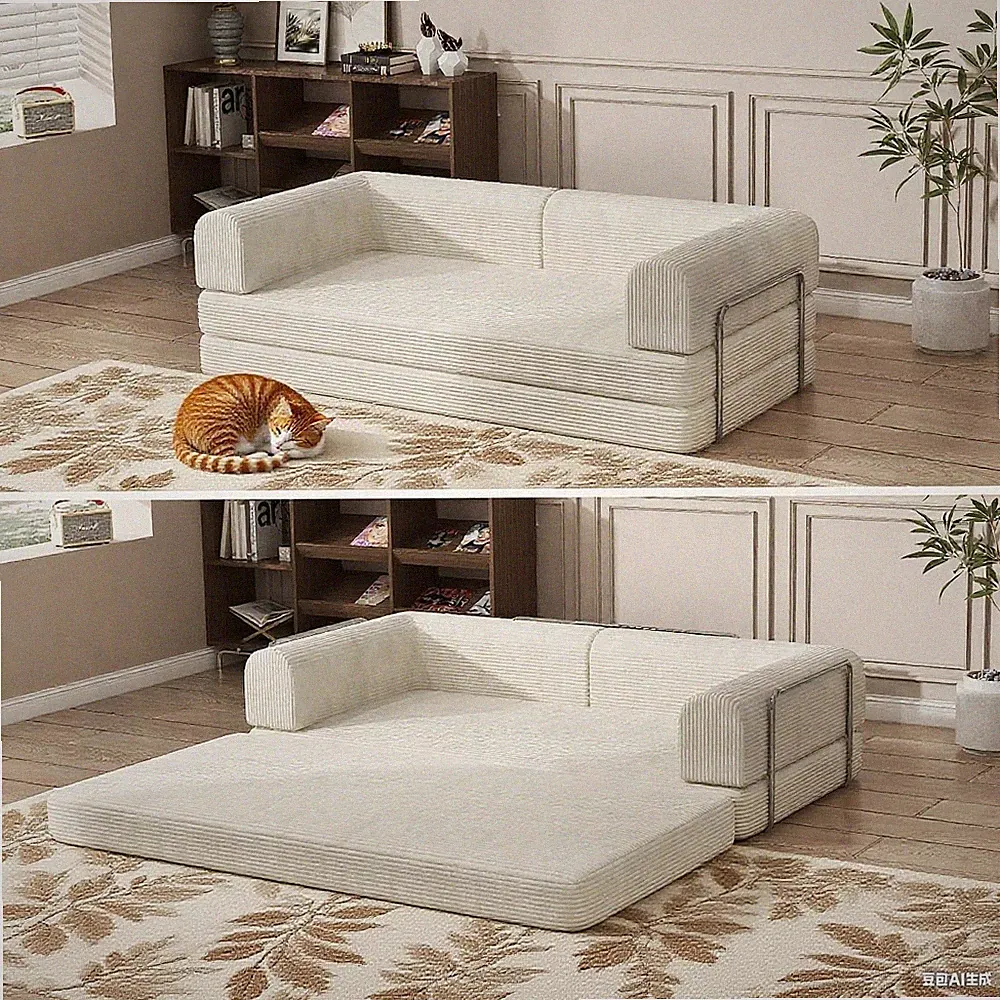 3-in-1 Modern White Sofa Bed, W/ Storage Adjustable Backrest & Sturdy Wood Frame