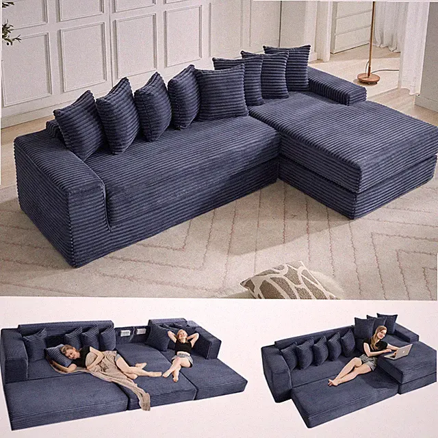 3-in-1 Oversize Cloud Couch,L-Shape Sofa,Convertible Floor Sleeper Sofa Bed Blue