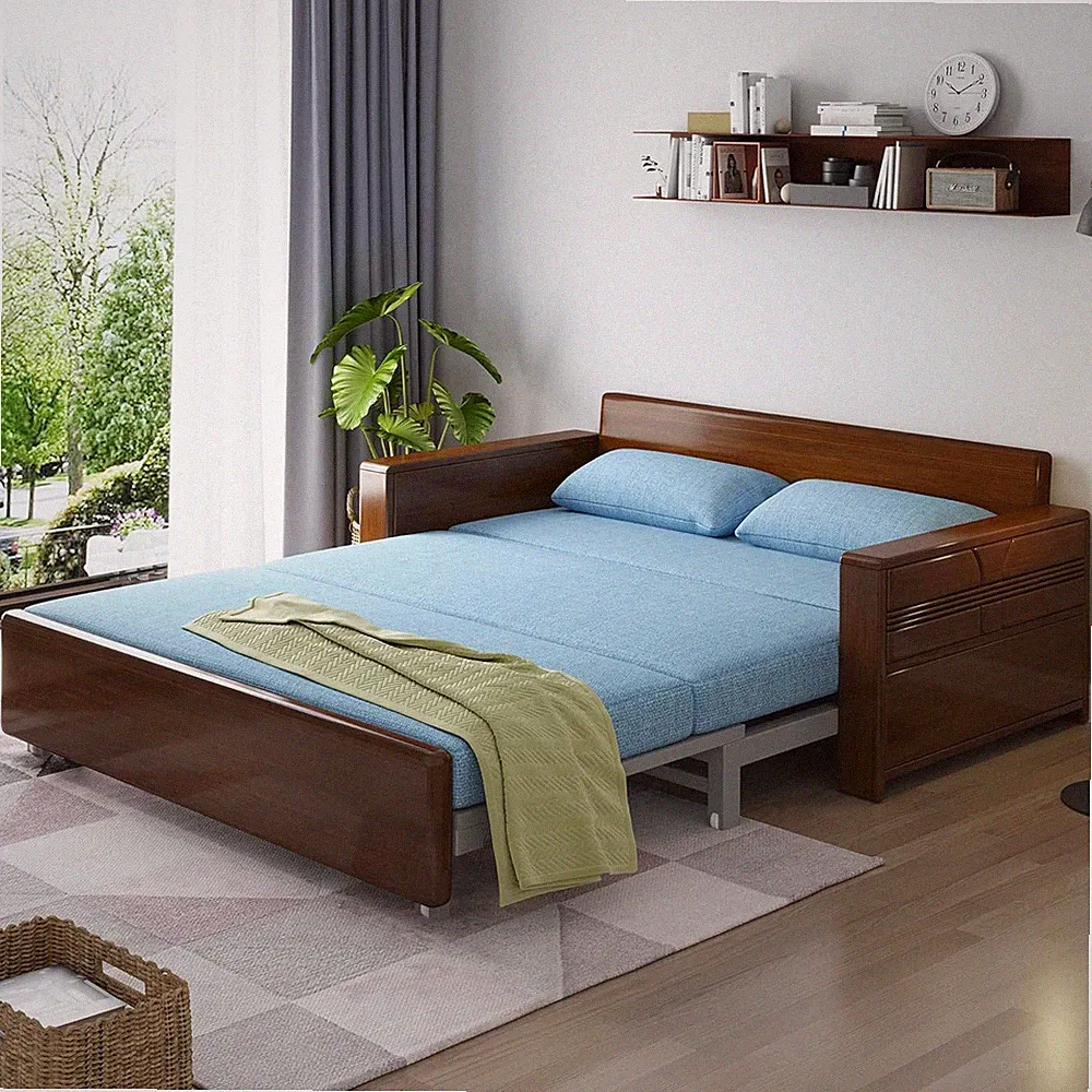 3 in 1 Pull-Out Convertible Sofa Bed, 59" Blue Plush Cushion Sleeper Couch, Reve