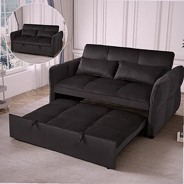 3-in-1 Pull Out Couch Bed with Reclining Backrest and Pillows Velvet material.