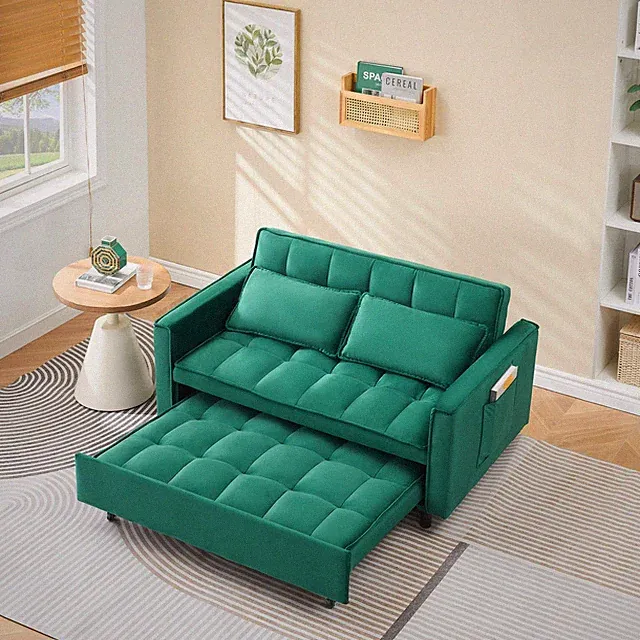 3 in 1 Pull Out Sleeper Sofa Bed Convertible Velvet Couch with Pillows & Pockets