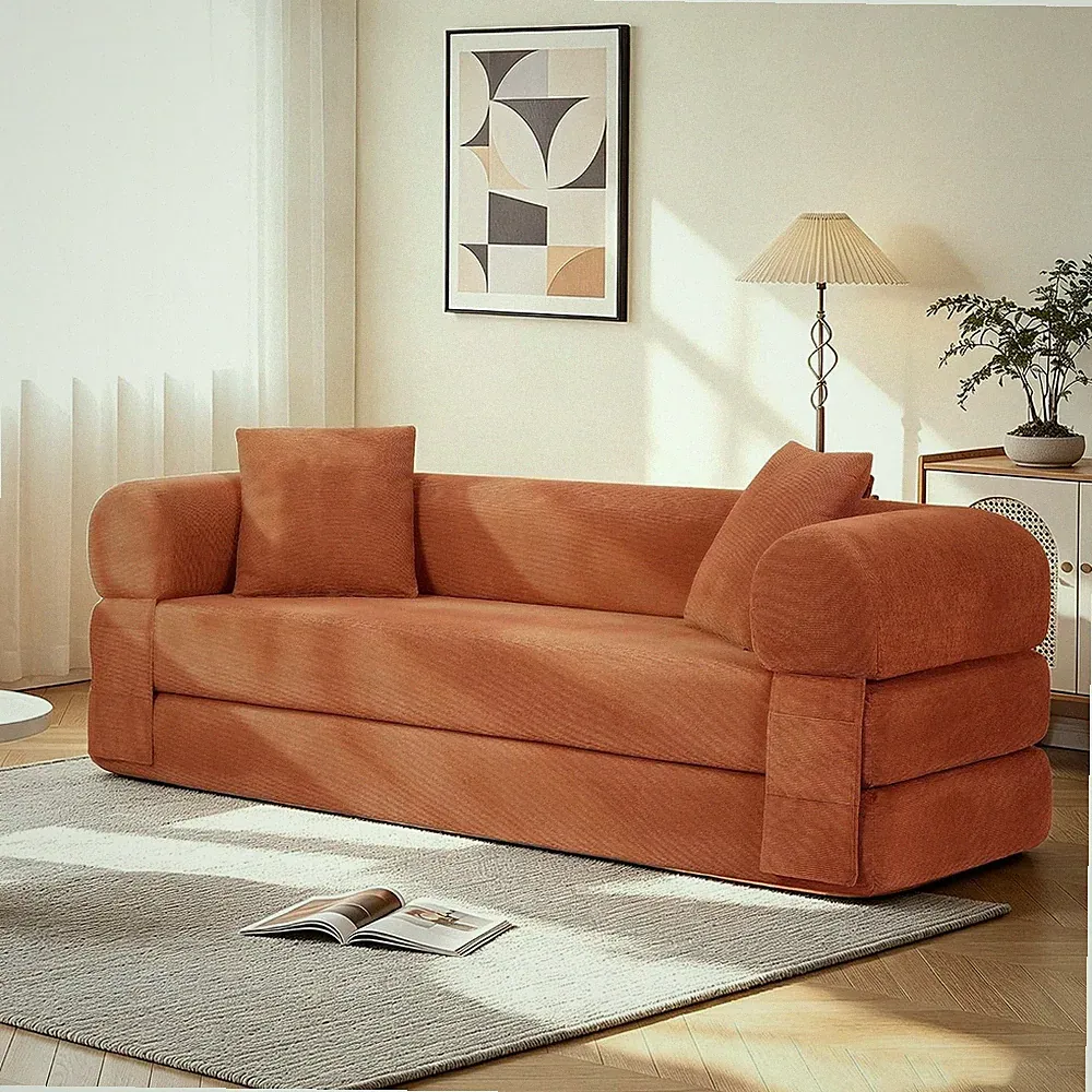 3-in-1 Queen Convertible Sofa Bed Boneless Sleeper Couch Orange Corduroy Fabric