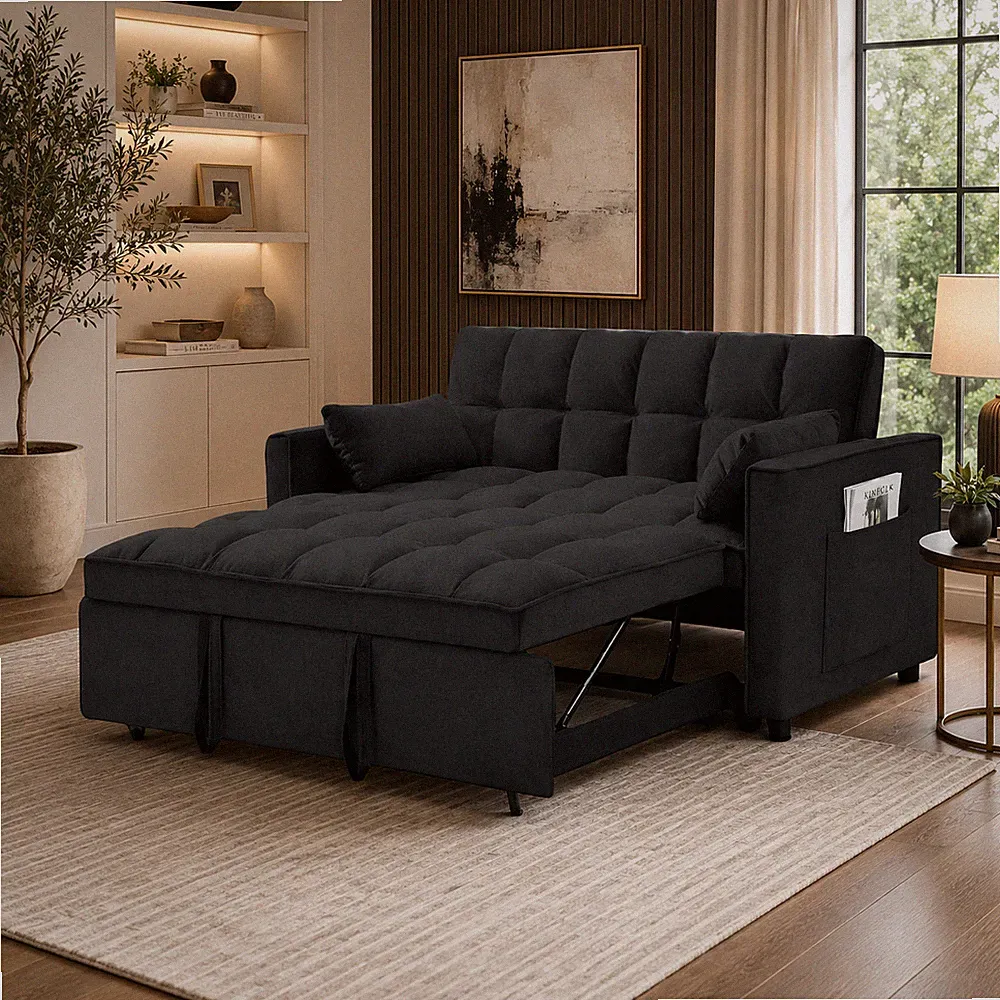 3-in-1 Sleeper Sofa Bed Black Velvet Pull Out Futon Loveseat Couch