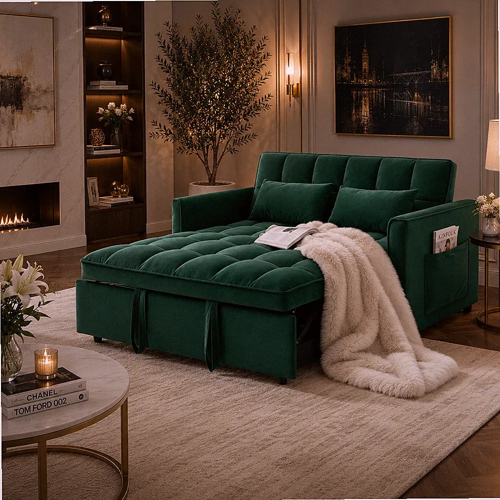 3-in-1 Sleeper Sofa Bed Green Velvet Pull-Out Futon Loveseat Couch