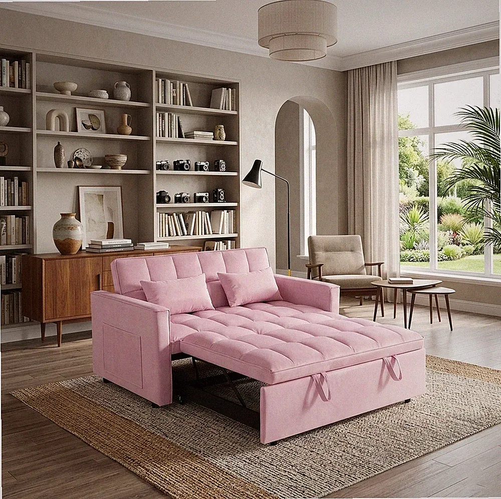 3-in-1 Sleeper Sofa Bed Pink Velvet Pull Out Futon Loveseat Couch