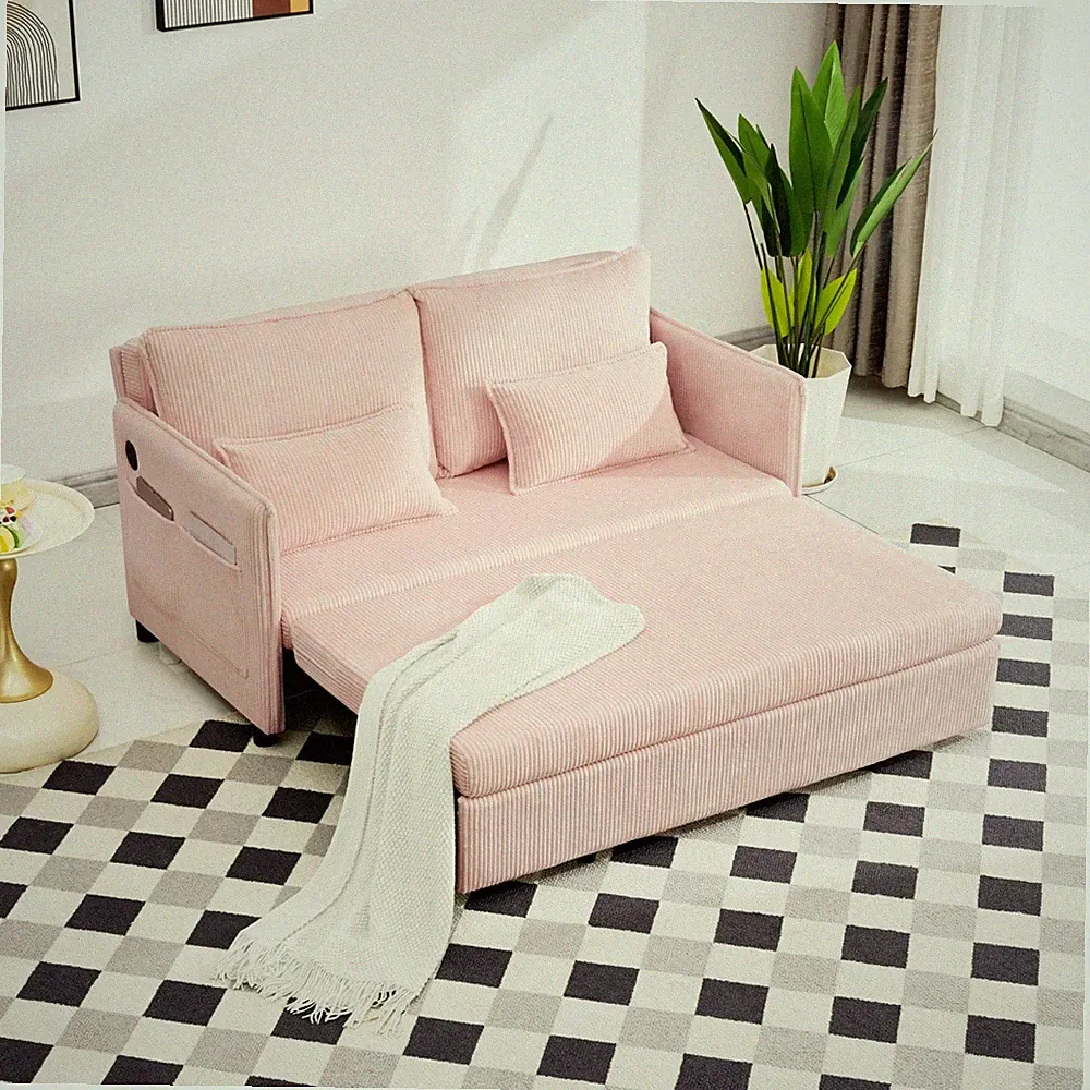 3-in-1 Sleeper Sofa Pink Modern Convertible Sofa Bed with USB Charging Ports