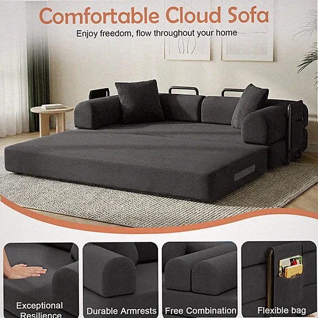 3 in 1 Sofa Bed 80 Inch Convertible Sleeper Sofa with Pull Out Bed Pillows Couch