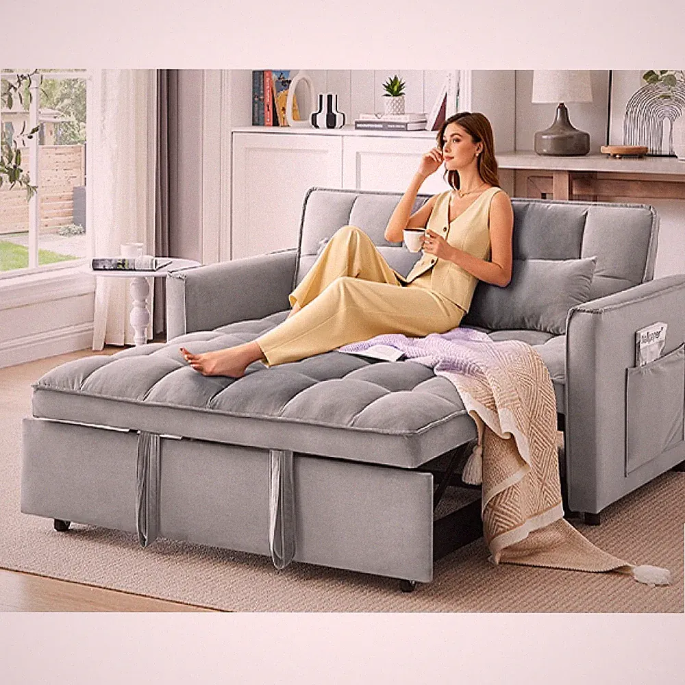 3 in 1 Sofa Bed Couch Sleeper Convertible Pull-Out Bed Couch With Side Pockets