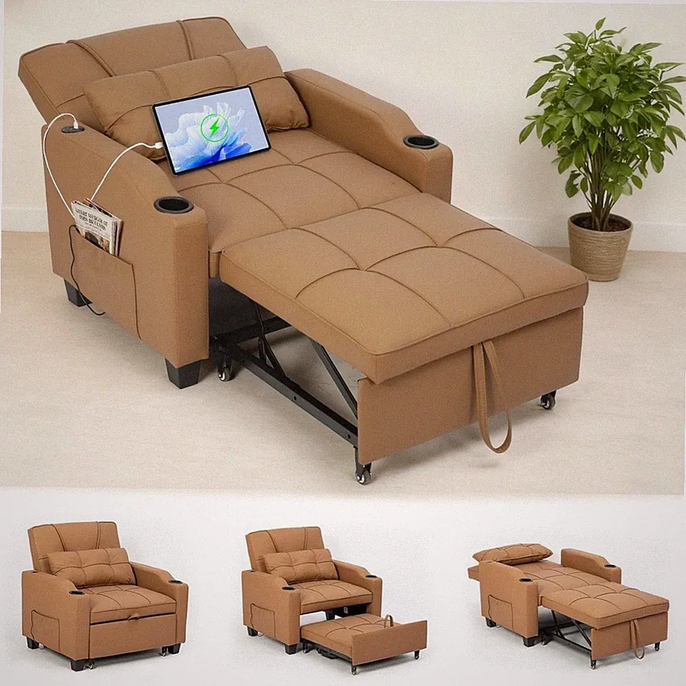 3-in-1 Sofa Bed Sleeper Chair with Adjustable Backrest USB Ports for Living Room