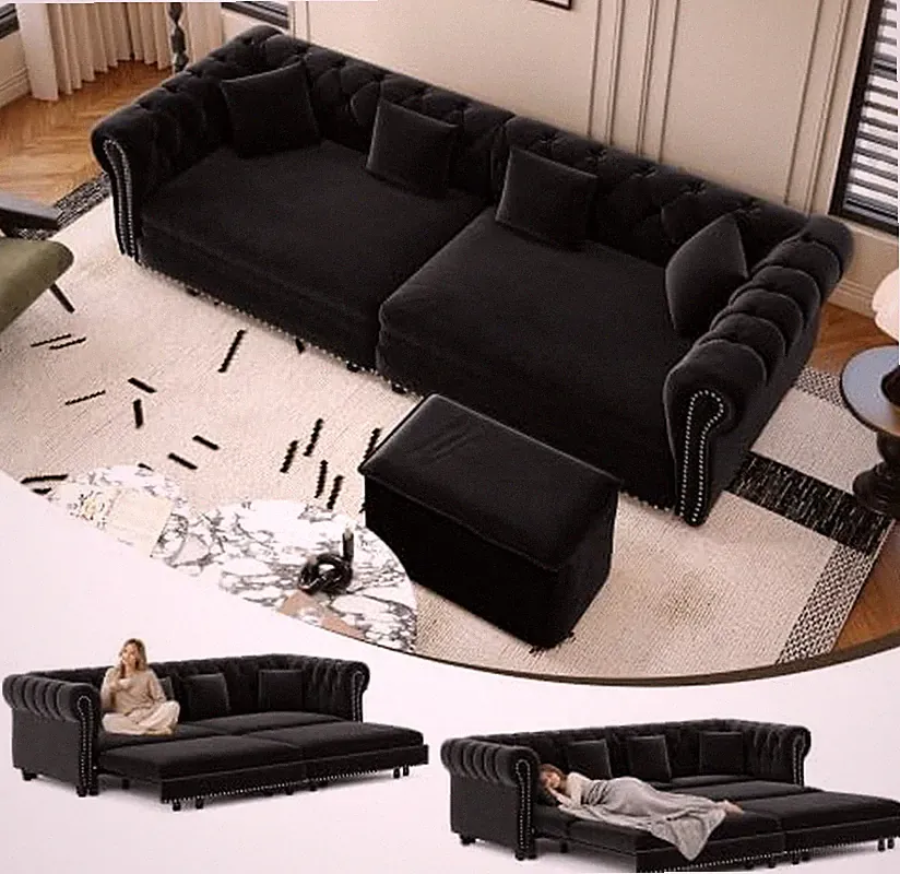 3-In-1 Velvet Chesterfield Sofa Bed with Ottoman, 89" Convertible King Size Slee