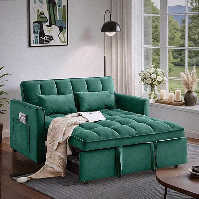 3-in-1 Velvet Convertible Sofa Bed with Adjustable Backrest and Side Pockets, Gr