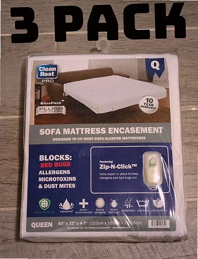 3 PACK Clean Rest Pro Sofa Mattress Cover Encasement Queen 60"x72"x4- 7" Zipper