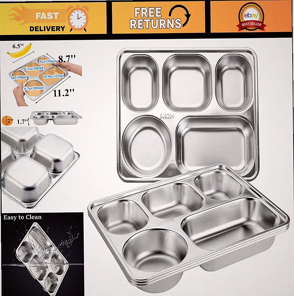 3 Pack Stainless Steel Divided Plates - 5 Sections Dinner Trays for Adults & Kid