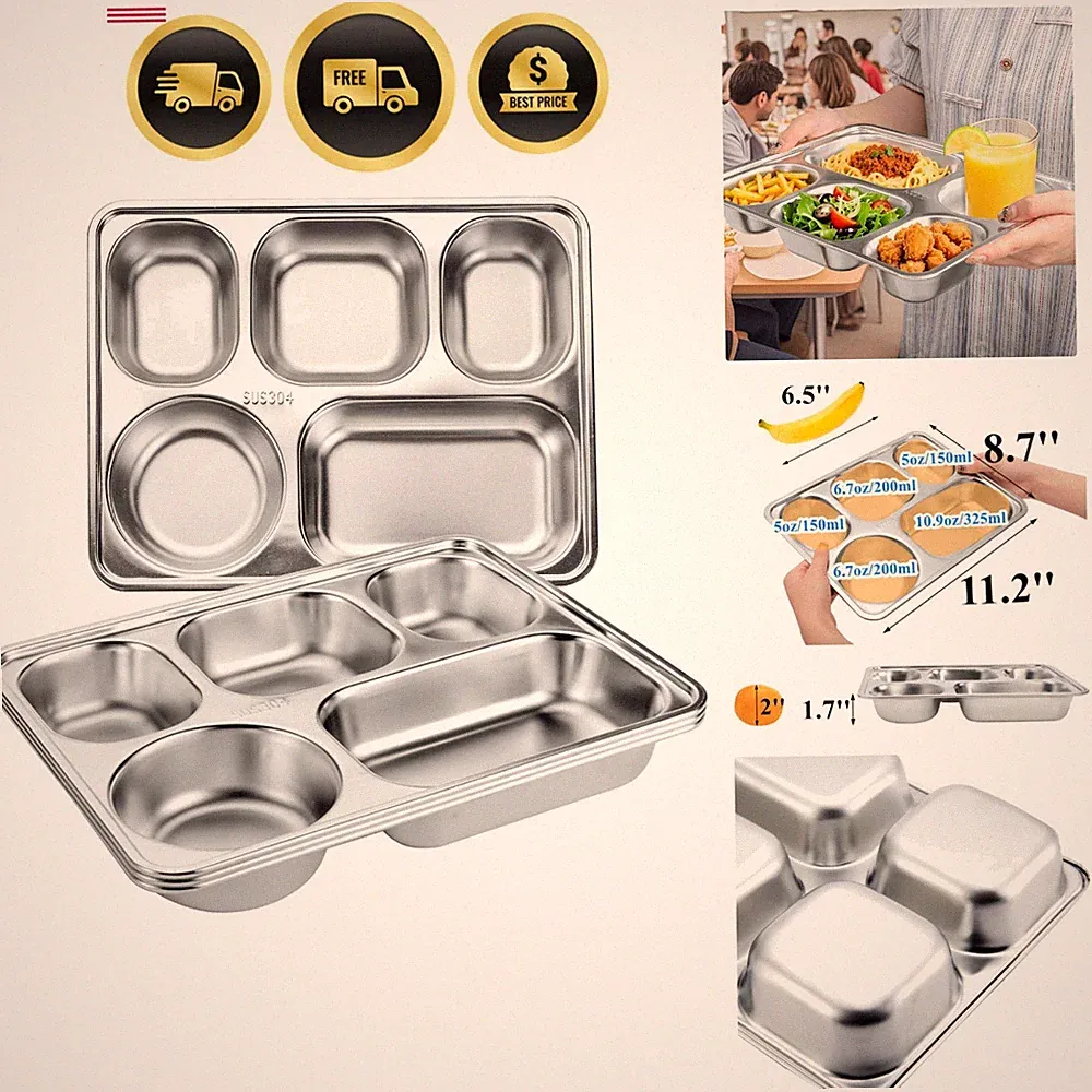3 Pack Stainless Steel Rectangular Divided Plates Tray, 5 Sections Dinner Pla...