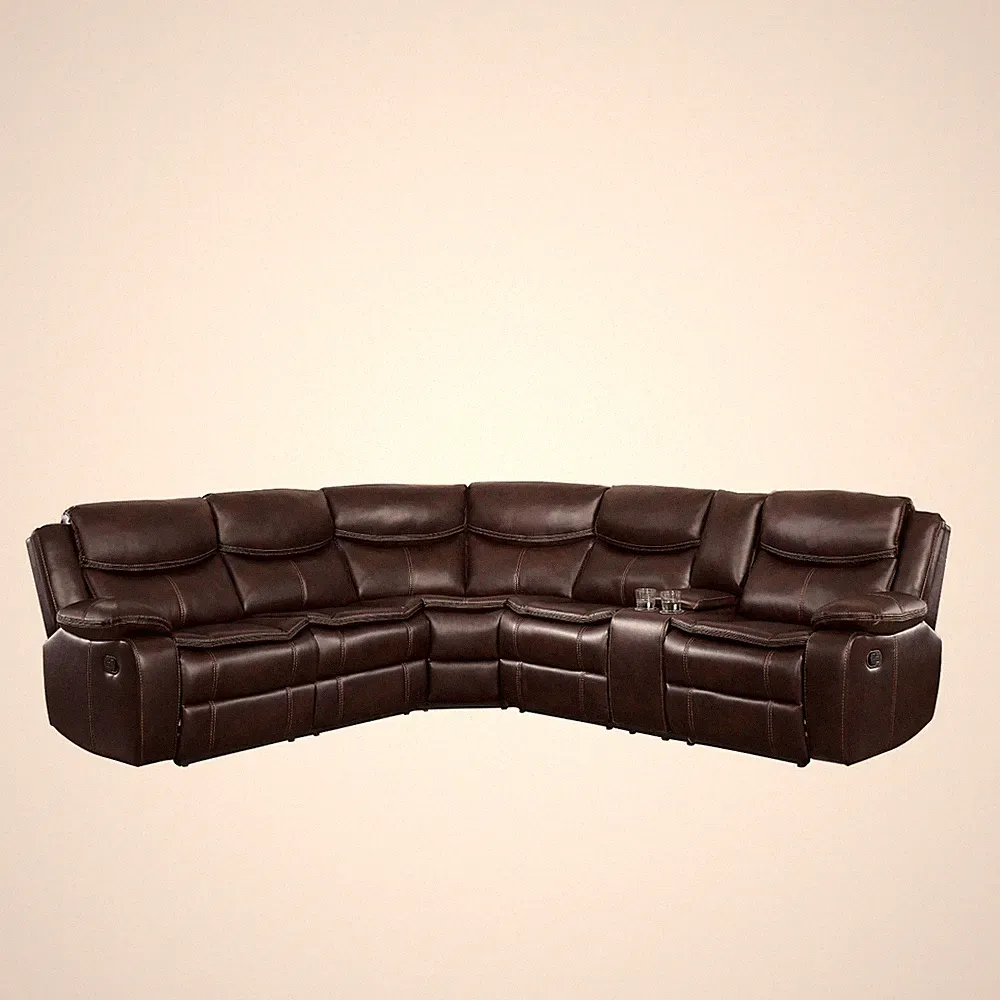 3 PC DARK BROWN FAUX LEATHER RECLINING SECTIONAL CONSOLE LIVING ROOM FURNITURE
