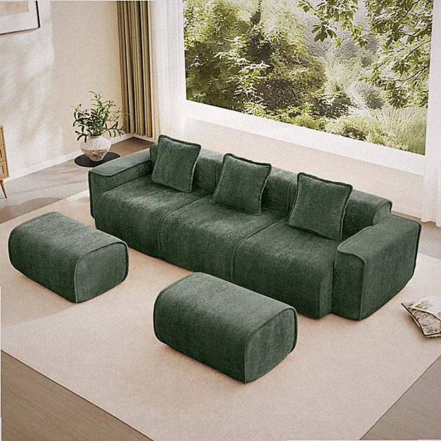 3-Pc Green Velvet L-Shape Sofa Sectional w/ Ottoman & Pillows