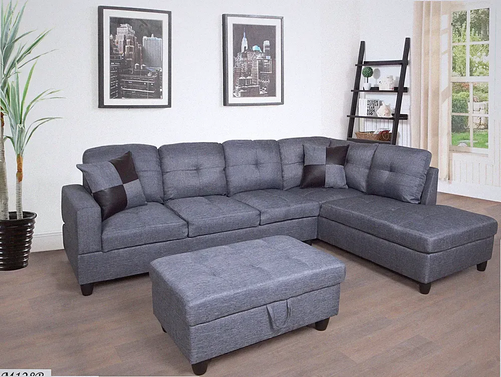 3 PC Sectional Sofa Set, Linen LEFT -Facing Chaise with Free Storage Ottoman